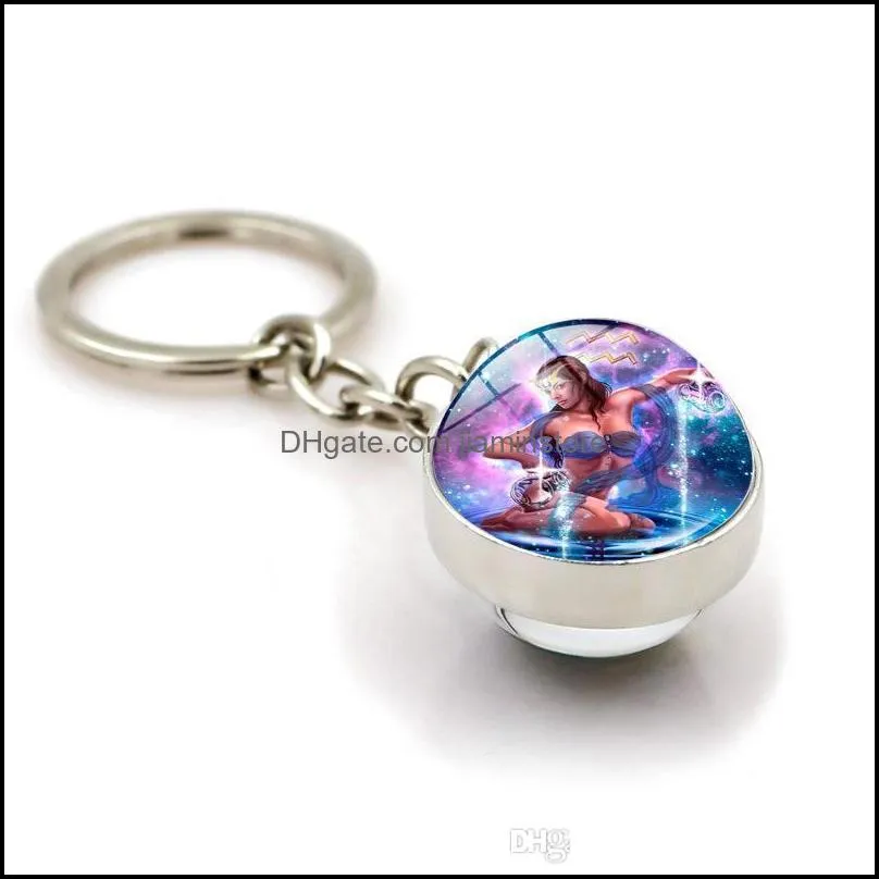 12 constellation symbol pattern key ring time stone metal key chain doublesided glass ball charm pendant keychains men women birthday
