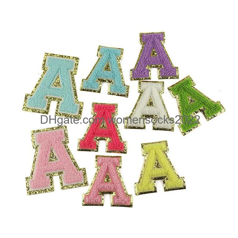 sewing notions 8cm 5.5cm 10 colors chenille embroidered alphabetes with glitter az letter iron ones for girls clothing