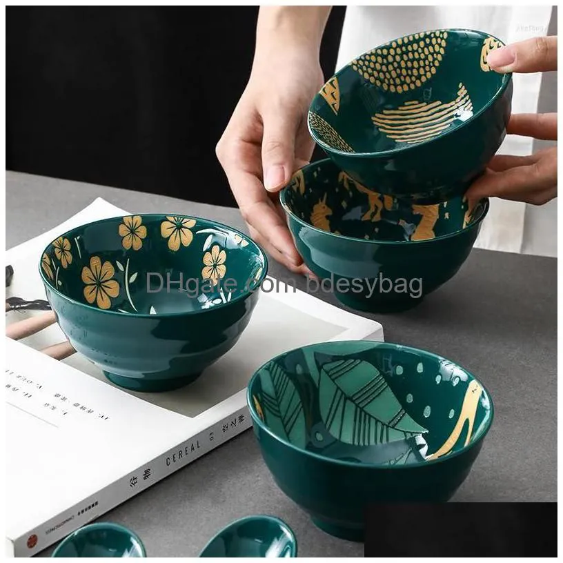 bowls dinner ceramic bowl japanese type dark green cute small soup rice household underglaze tableware