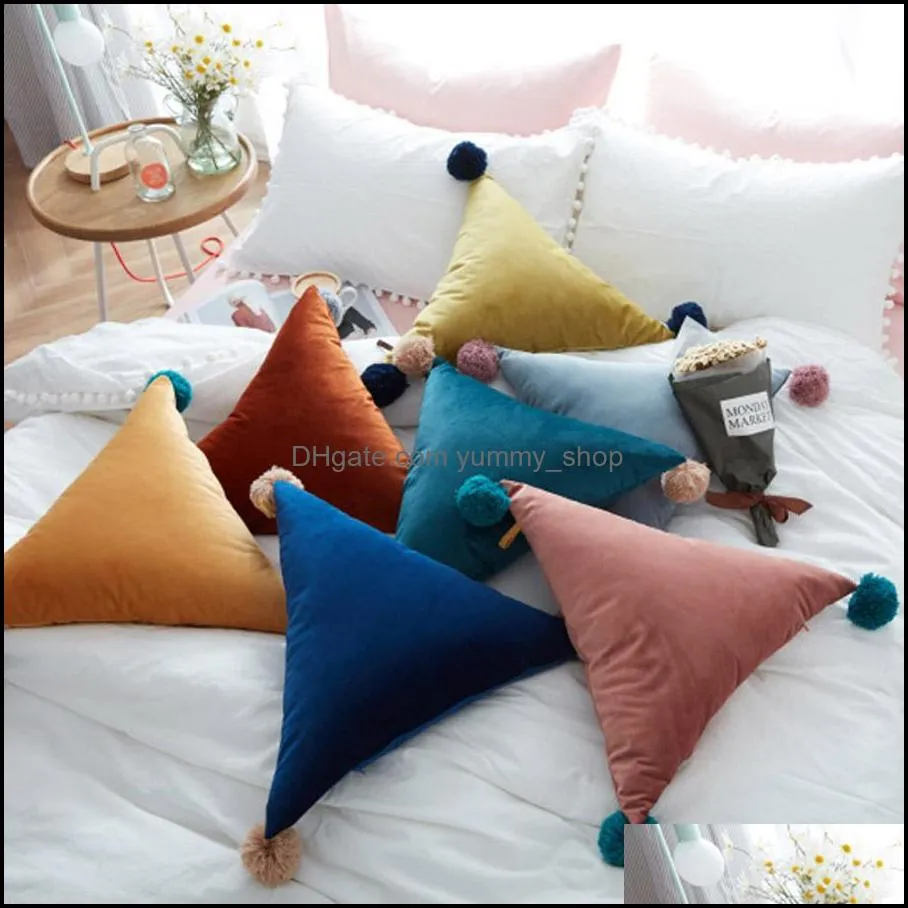 creative home 50cm triangle sofa pillow with balls solid color pillow seat cushion bed sofa car decorative polyester soft pillow dh0938