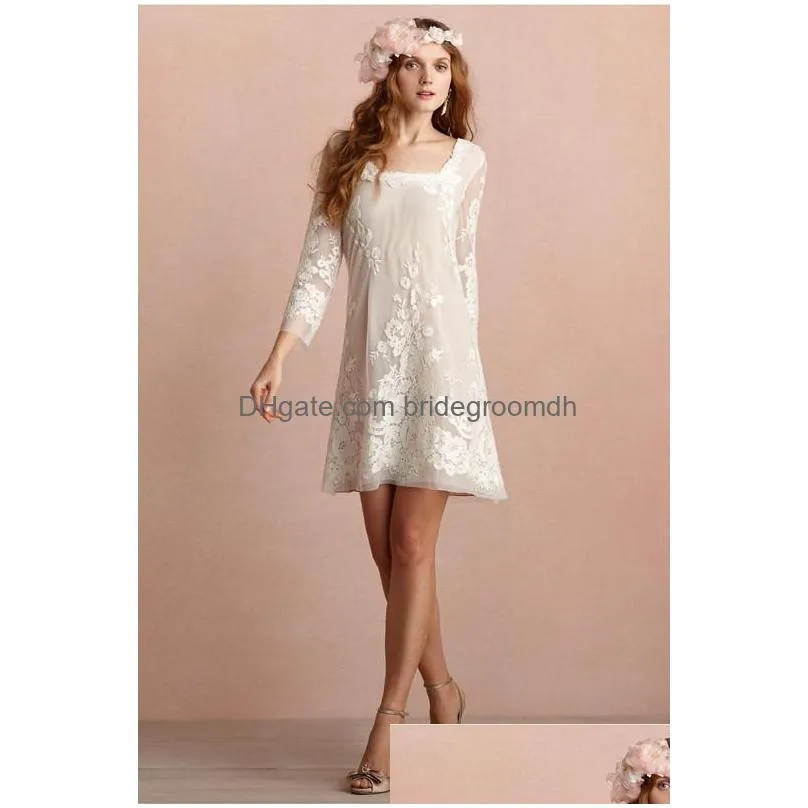 mini short wedding dresses square neckline long sleeves backless wedding dress appliqued lace beach bridal gowns