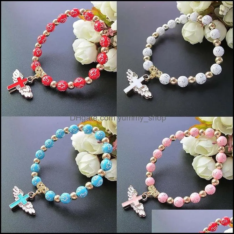 handmade white red blue acrylic beads bracelet for women jesus christ cross prayer bracelet angel wing baptism chaplet bracelet