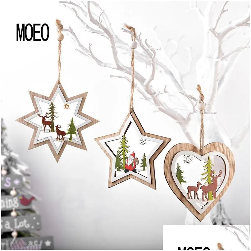 christmas ornaments wooden laser cutout christmas tree double layer pentagram pendant