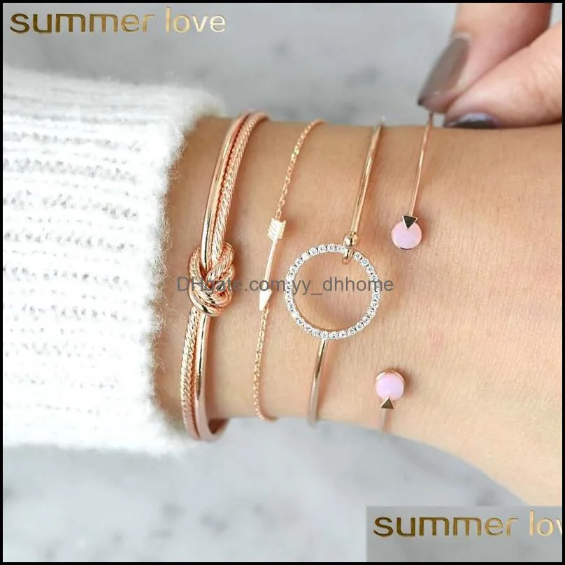 4 pcs/ set classic arrow knot bracelets round crystal gem multilayer adjustable open bracelet set for women fashion party jewelry gift