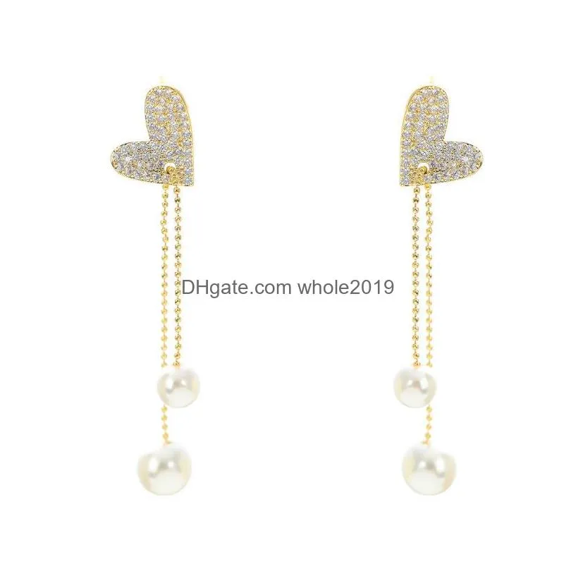 fashion jewelry s925 silver needle diamond heart faux pearl dangle earrings for women long tassel stud earrings