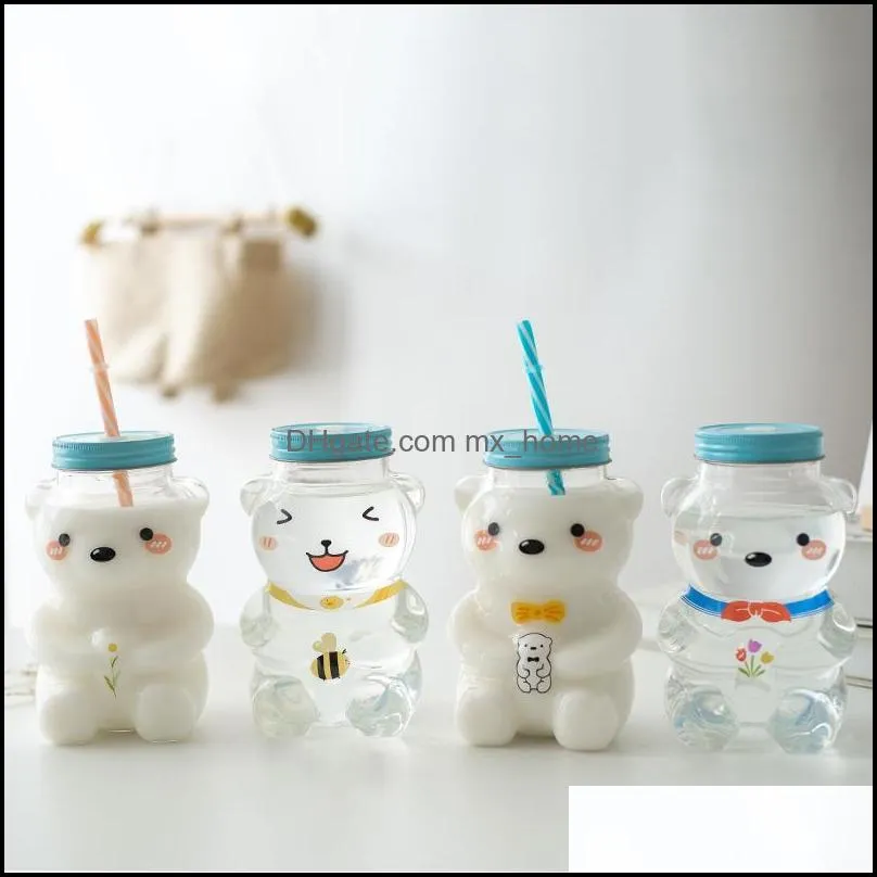 water bottles 550ml funny bear drinking bottle cartoon cute clear glass with straw milk cup birthday gift for girls