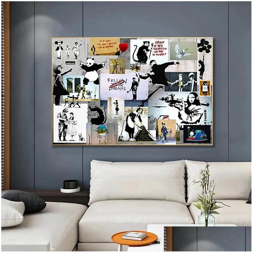 banksy graffiti collage art  canvas painting posters and prints cuadros wall art for living room home decor