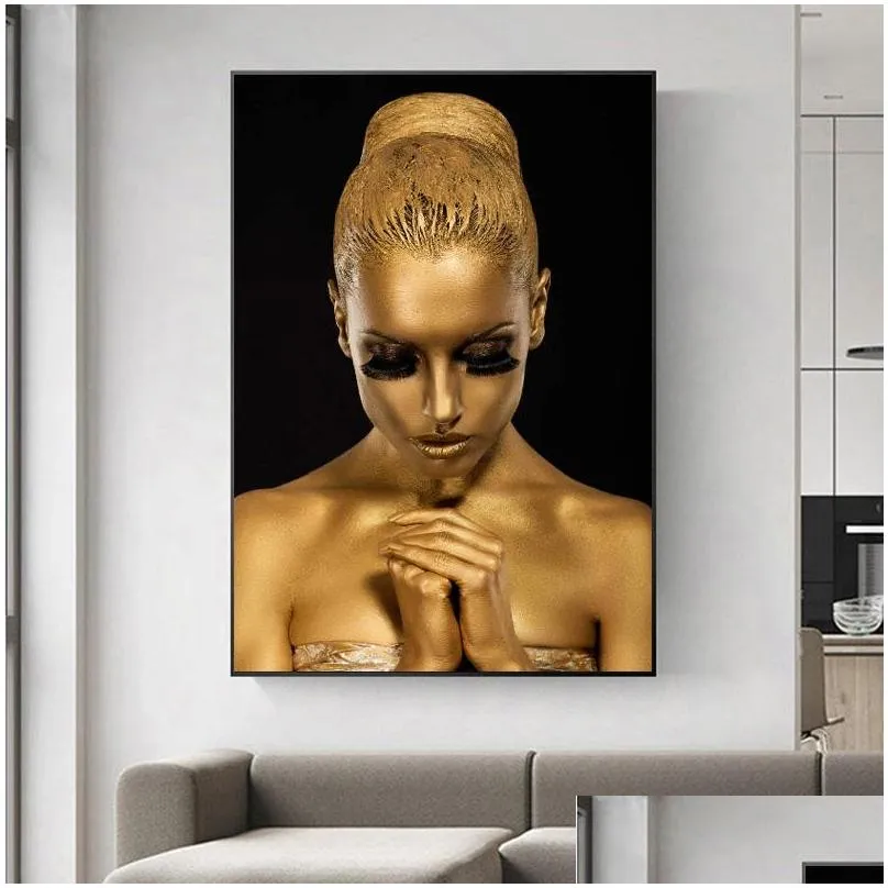 african golden woman poster wall art canvas painting abstract portrait picture hd print for living room home decoration cuadros