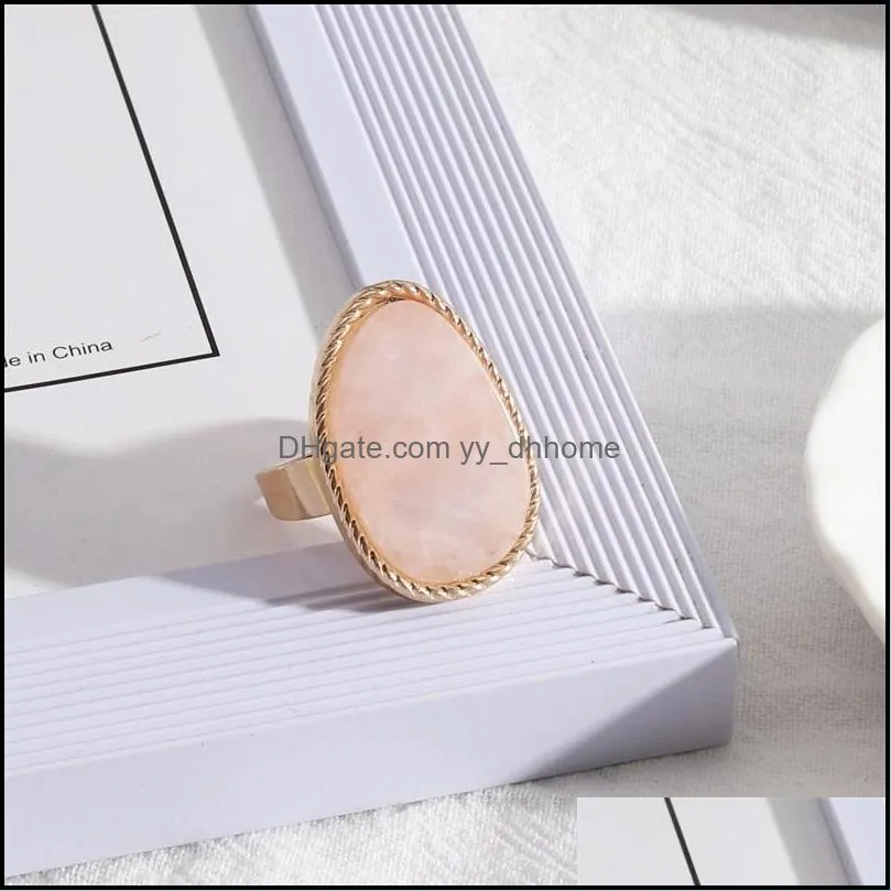 fashion gold plated pink rose quartz crystal open rings geometric natural stone ring for women jewelry gift