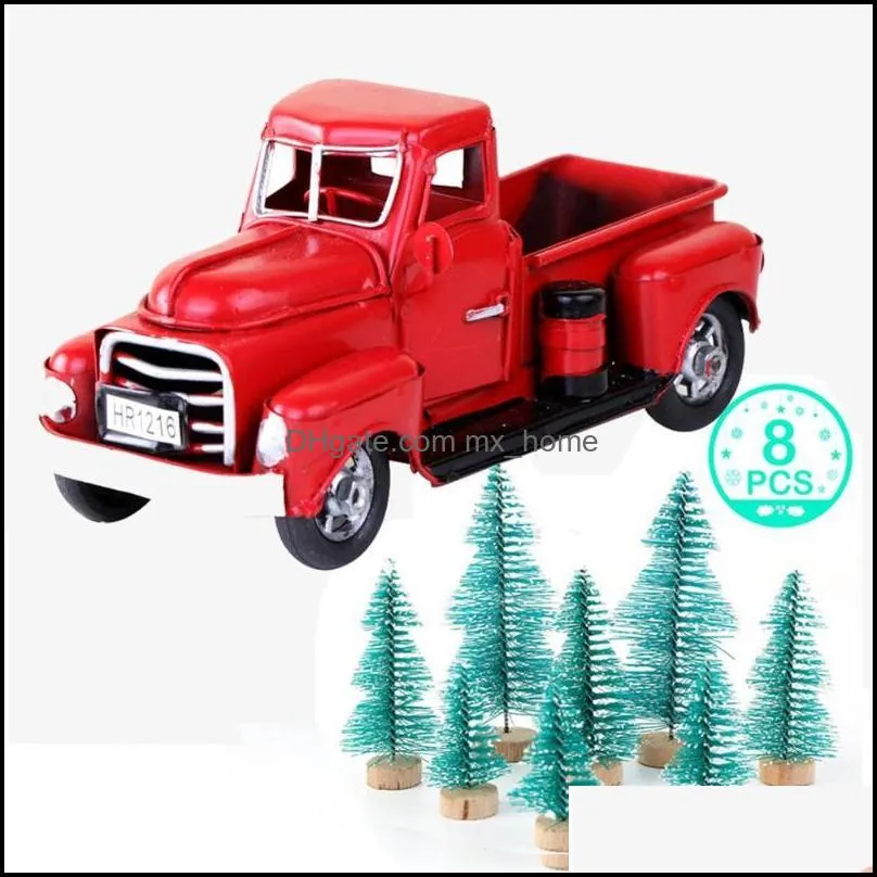 red metal truck and mini fake pine tree christmas decor christmas tree car model merry table decoration year gifts