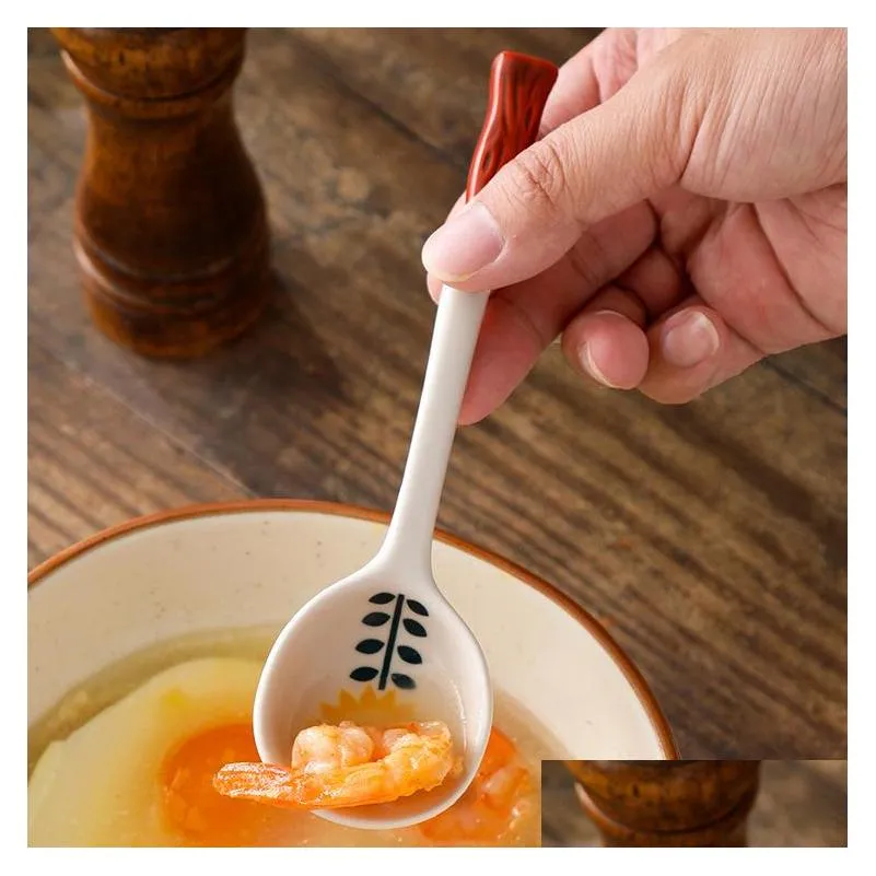 ins style japanese style stoneware small soupspoon ceramic spoon long handle spoon household cute creative rice spoon