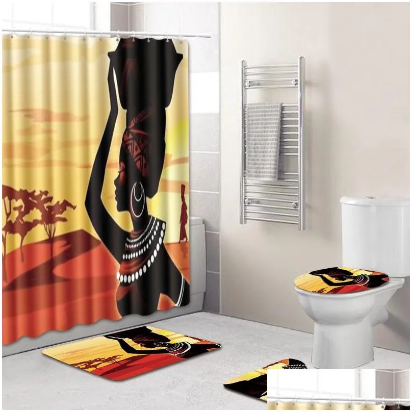 bathroom sets carpet rug shower curtain african woman toilet seat cover bathroom nonslip carpet and shower curtain