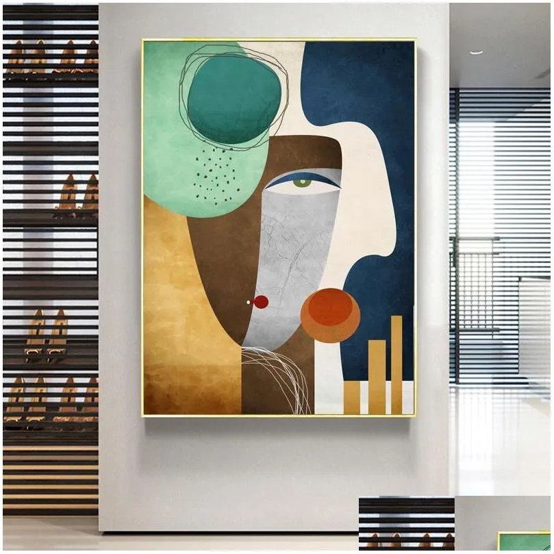 abstract face line nordic poster wall art pictures for living room canvas painting modern home decor sofa colorful geometry