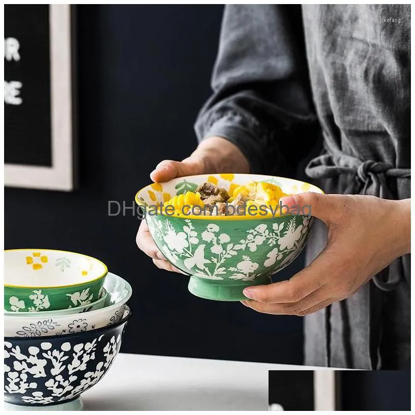 bowls japanese flower ceramic tall salad bowl household 600ml thickened antiscald soup noodle dessert el restaurant tableware