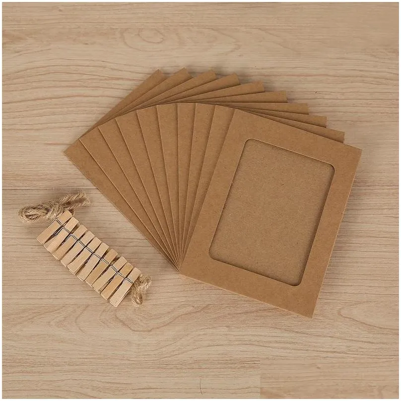 4 inch diy kraft paper picture frame hanging wall photos album home decoration craft 10pcs combination paperframe with clips
