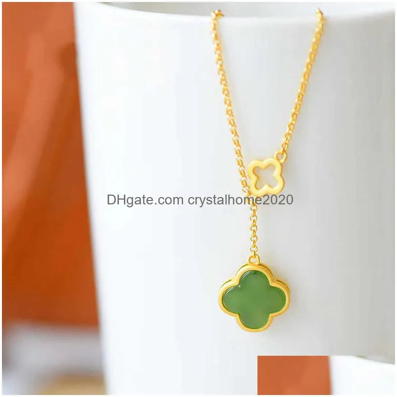 pendant necklaces pendants imitation jasper clover necklace inlaid imitation hotan jade gold plated clavicle chain green