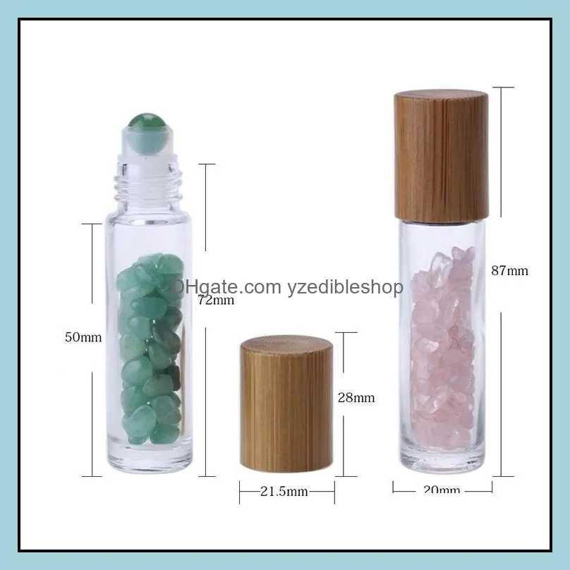 10ml essential oil rollon bottles glass roll on perfume bottle with crushed natural crystal quartz stone crystal roller ball bamboo