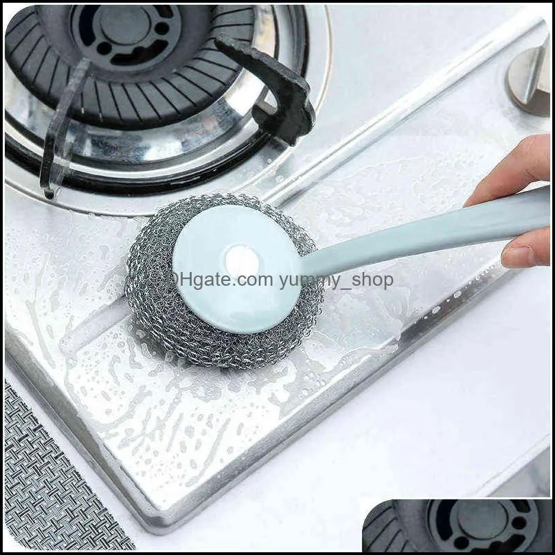 long handle wire ball brush pan cleaning dish handles washing brushes stainless steel hanging brushs kitchen tools vtm eb1037