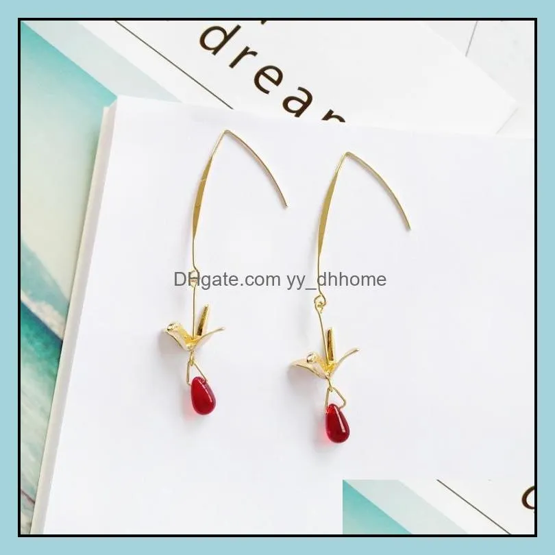 2019 korean fashion summer crystal earrings with gold crane long dangle earrings personality little bird blue water drop earring