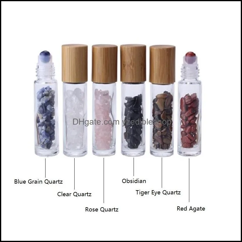 10ml  oil rollon bottles glass roll on perfume bottle with crushed natural crystal quartz stone crystal roller ball bamboo