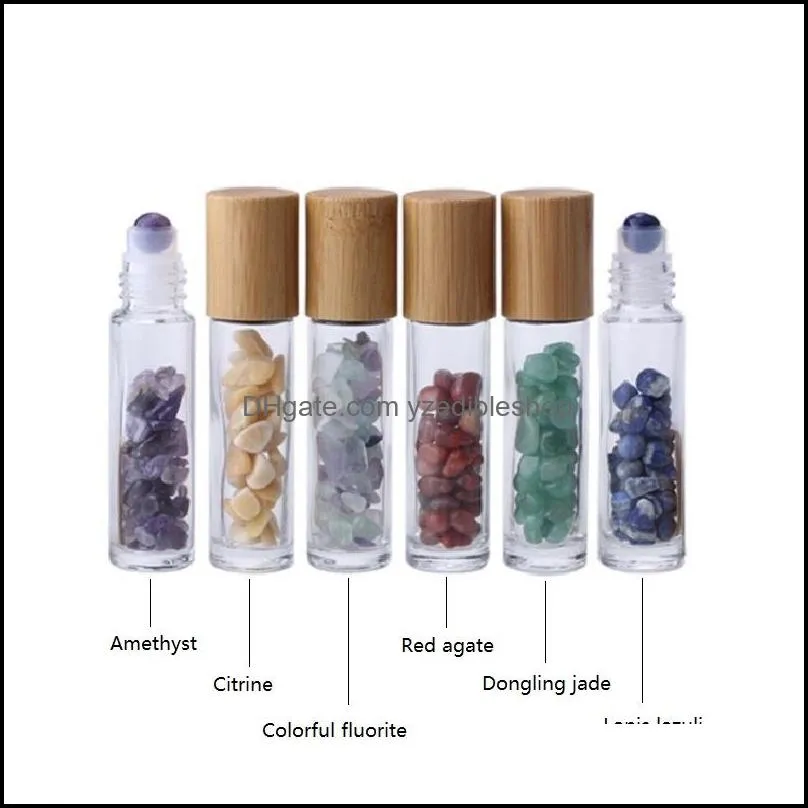 10ml  oil rollon bottles glass roll on perfume bottle with crushed natural crystal quartz stone crystal roller ball bamboo