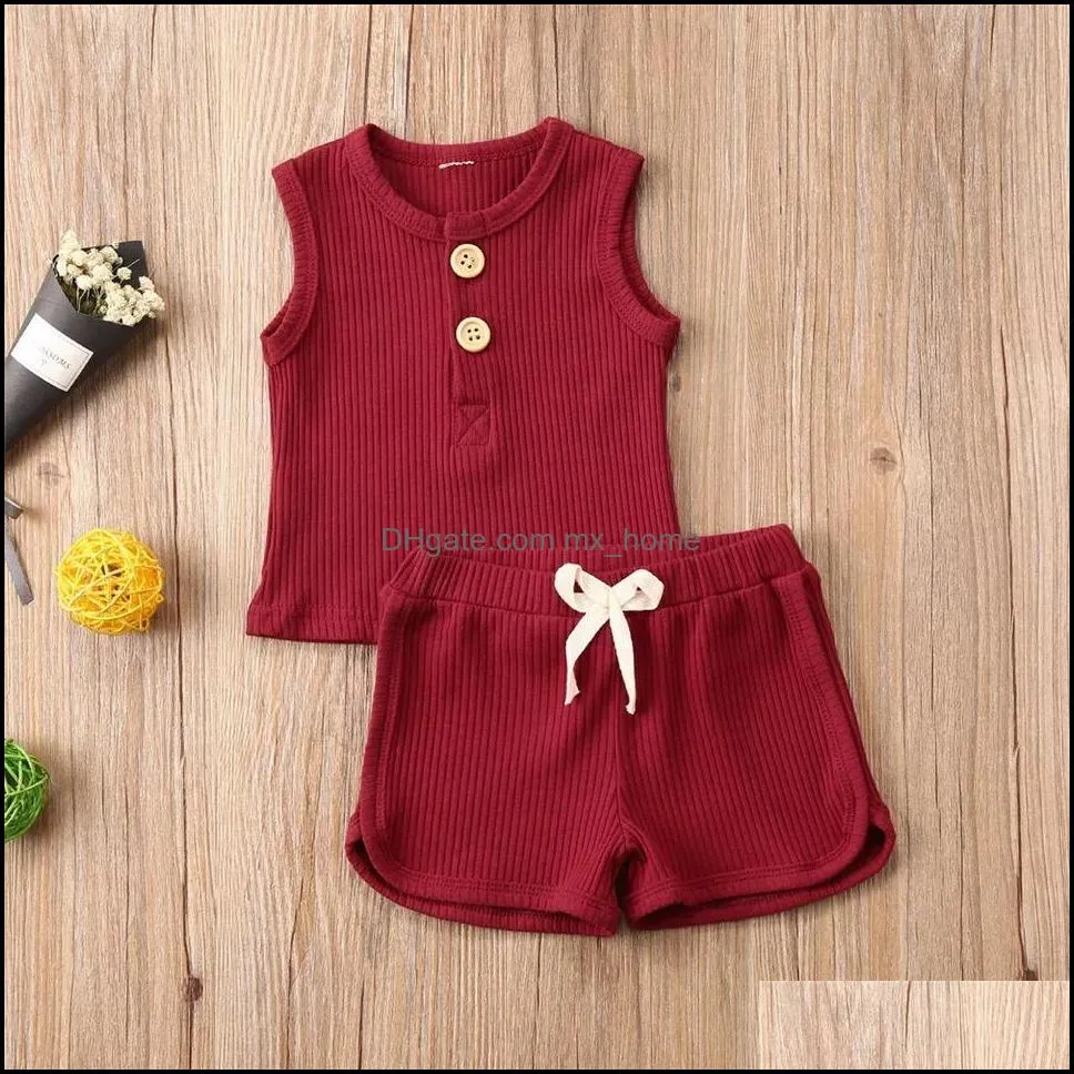 wholesale baby kids girls boys children clothing sets sleeveless cotton suits front buttons tops straps shorts 2pieces summer outfits