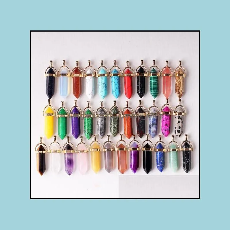 silver gold metal natural stone pillar pendulum charms chakra hexagonal prism healing crystal reiki point pendants for necklace jewelry
