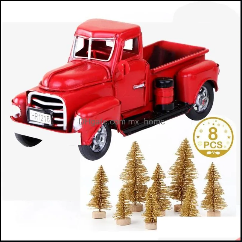 red metal truck and mini fake pine tree christmas decor christmas tree car model merry table decoration year gifts