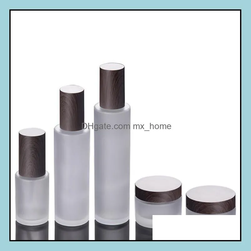 frosted glass cosmetic jars pump bottles with plastic woodgrain cap 30g 50g 30ml 100ml 120ml body lotion lip balm cream containers