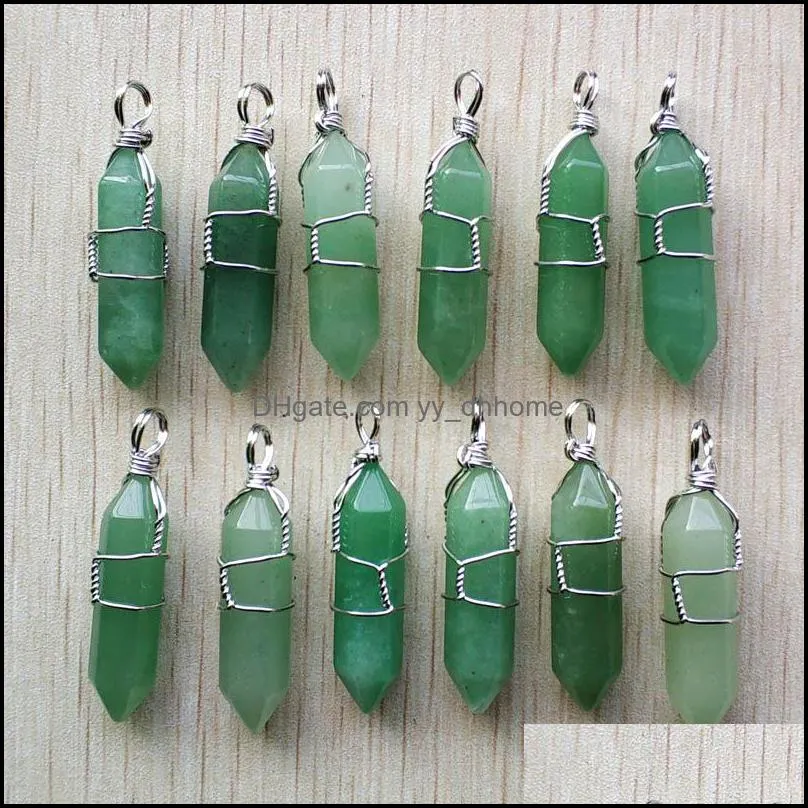 silver color wire wrapped green aventurine pillar charms hexagon pendulum pendant healing crystal stone hangings fashion jewelry making