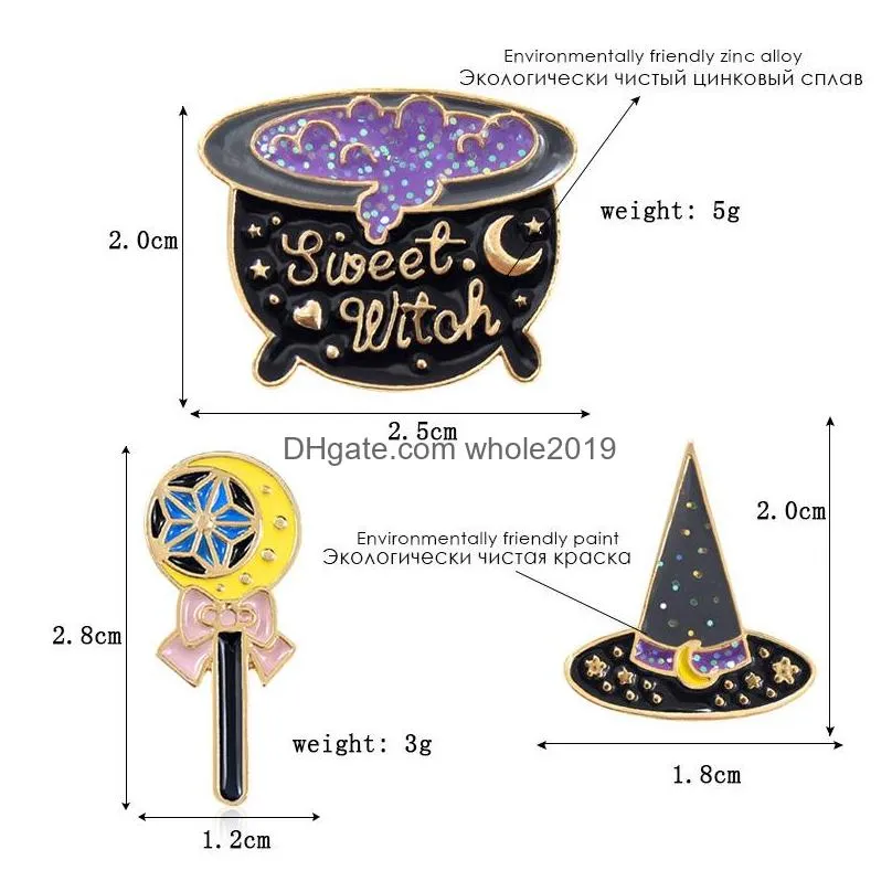 creative cartoon halloween sweet witch magic potion hat wand brooch pins funny letter alloy enamel brooches for boys girls gift badges denim shirt