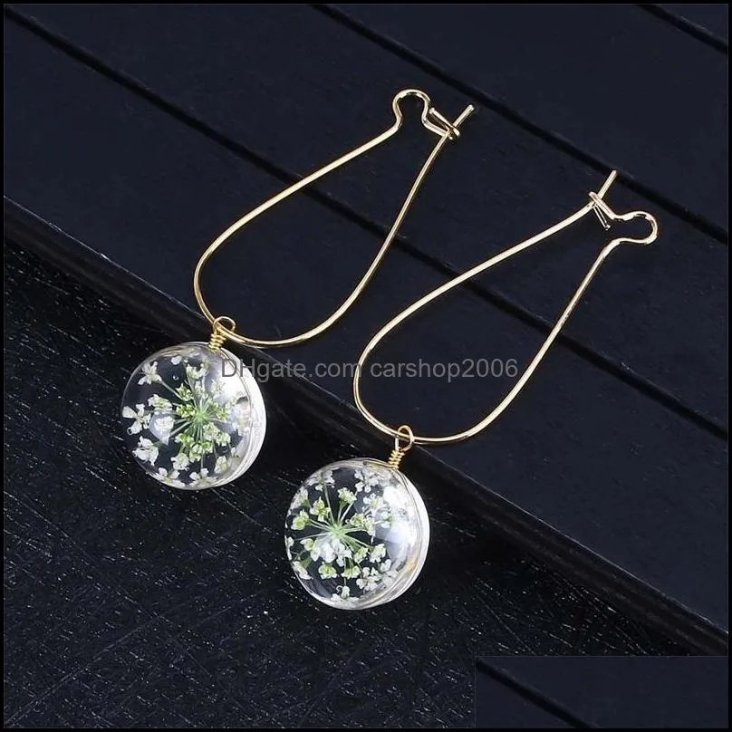 fashion summer flower earring woman fashion dried flowers earrings glass ball pressed flower dangle earing jewelry gift wholesale 2918