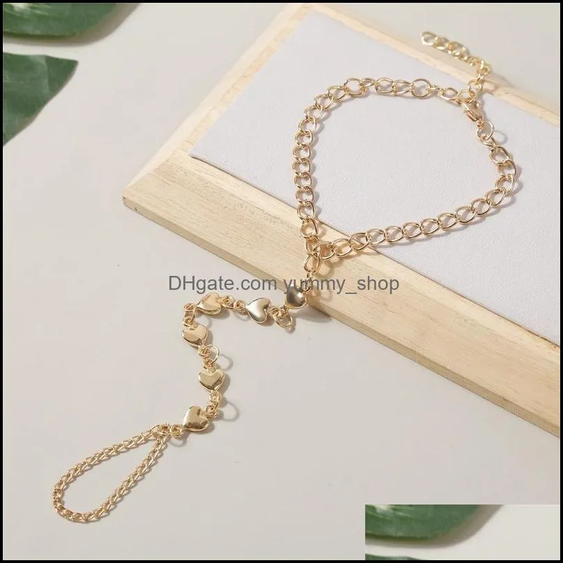simple trendy ladies gold color metal heart pendants finger chain bracelets for women party jewelry accessories gifts