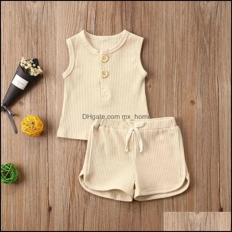 wholesale baby kids girls boys children clothing sets sleeveless cotton suits front buttons tops straps shorts 2pieces summer outfits