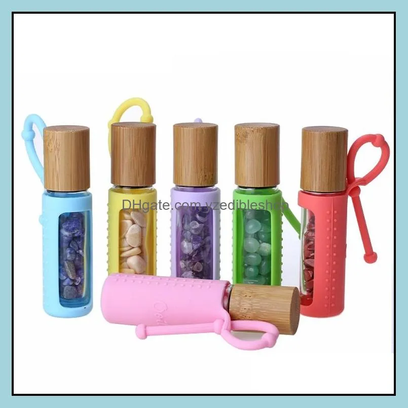 10ml  oil rollon bottles glass roll on perfume bottle with crushed natural crystal quartz stone crystal roller ball bamboo