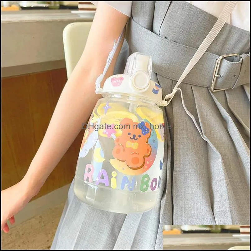 water bottles 1300 ml large capacity with straw strap outdoor sports plastic drinking bottle cute kids sticker sippy cup