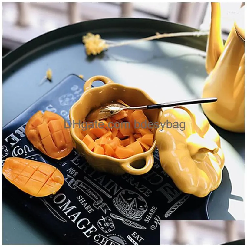 bowls 1/2pcs with lid ceramic pumpkin bowl handle salad fruit soup home kitchen microwave oven exquisite decorative tableware