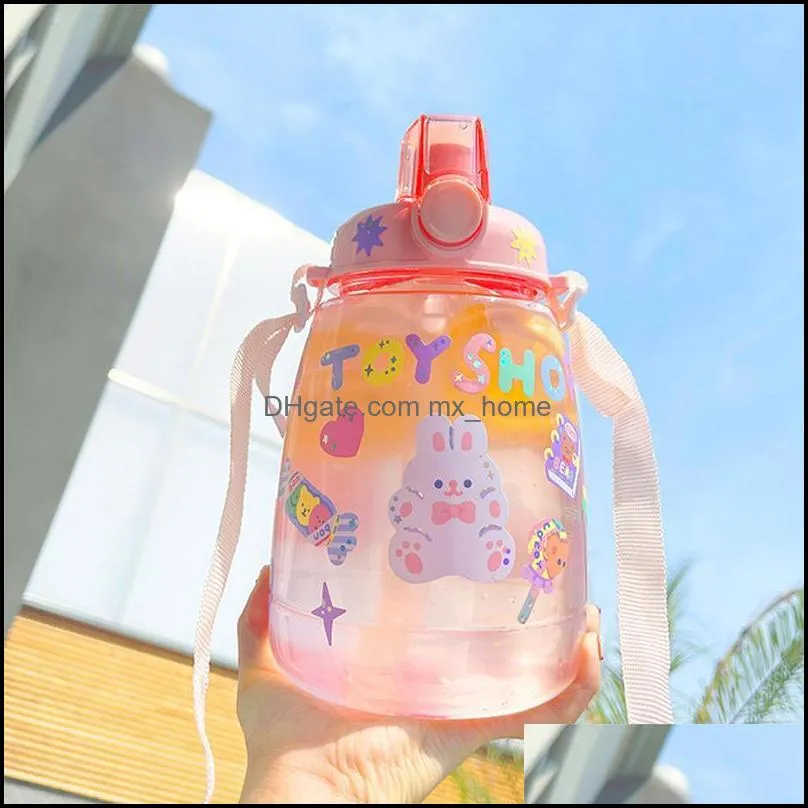 water bottles 1300 ml large capacity with straw strap outdoor sports plastic drinking bottle cute kids sticker sippy cup