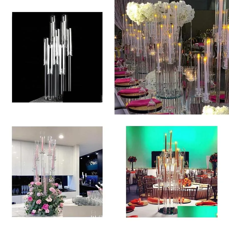 party decoration wholesale 10 arms long stemmed modern clear acrylic tube hurricane crystal candle holders wedding table centerpieces