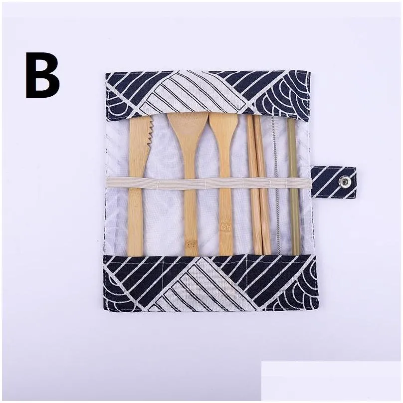 eco friendly travel bamboo flatware sets portable hygienic cutlery dinnerware cloth bag private straw knife fork spoon chopsticks brush cotton linen bags