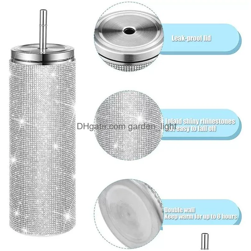 20oz straight body diamond tumbler rhinestone drill water bottles stainless steel straw coffee cup inventory wholesales