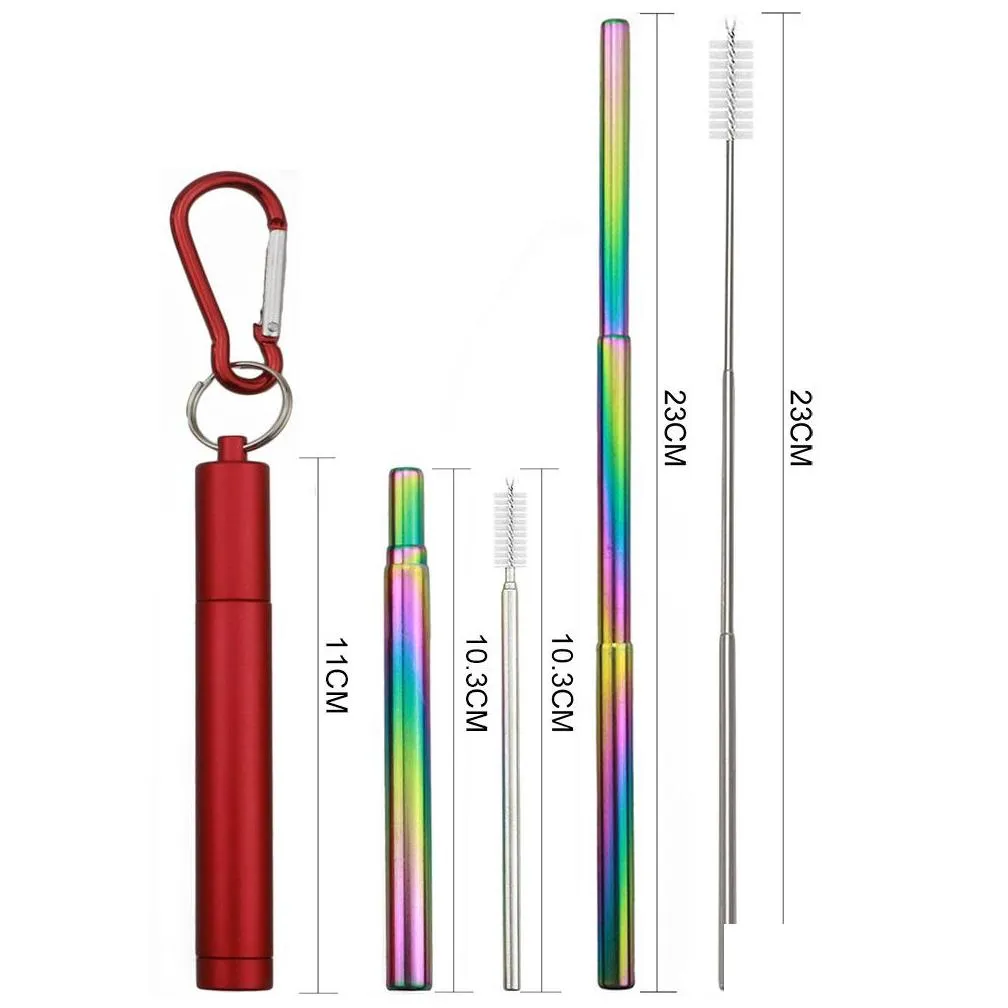 reusable telescopic straw 304 stainless steel metal straw with cleaning brush collapsible portable drinking straw set for travel
