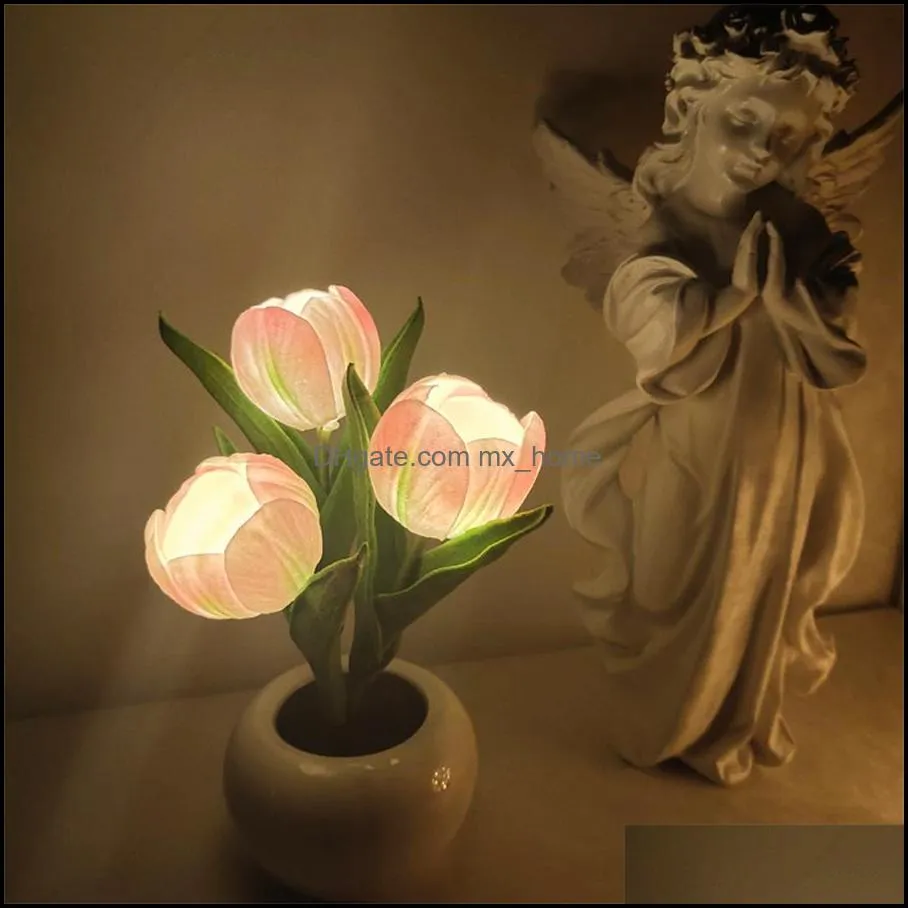 novelty items led tulip lamp pink imitation flowerpot ceramic led atmosphere small night decoration