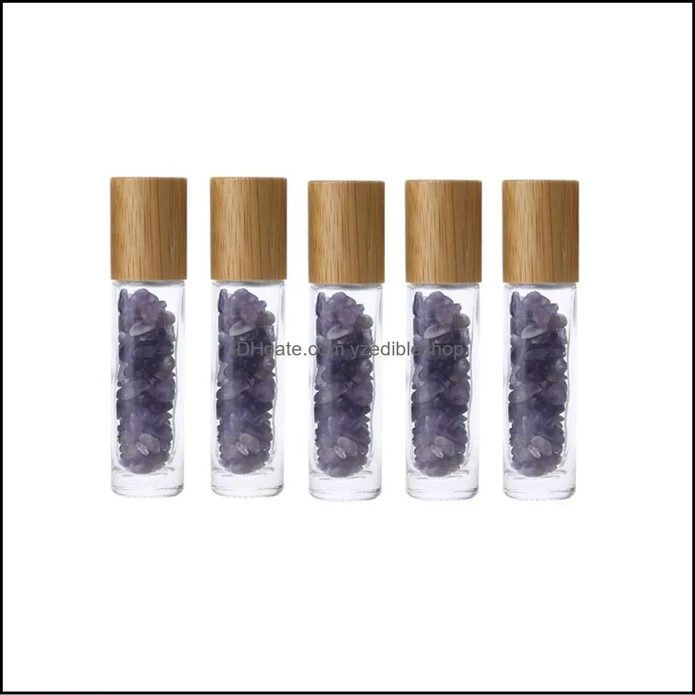 10ml essential oil rollon bottles glass roll on perfume bottle with crushed natural crystal quartz stone crystal roller ball bamboo