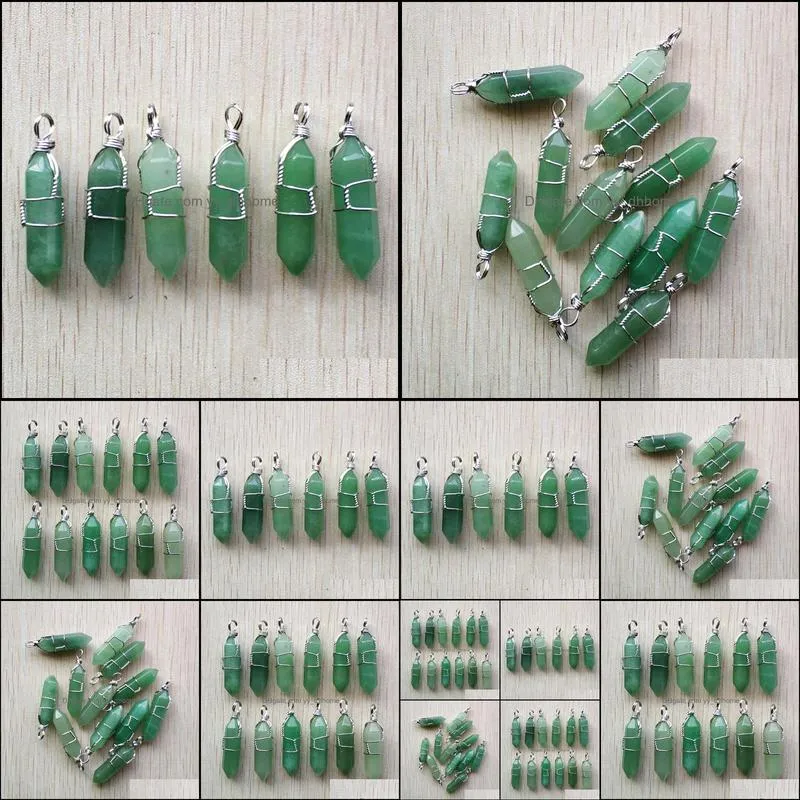 silver color wire wrapped green aventurine pillar charms hexagon pendulum pendant healing crystal stone hangings fashion jewelry making