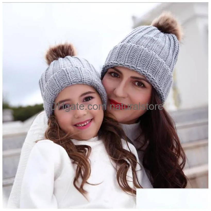 mother daughter matching hats 2pcs matching beanies parentchild winter warm crochet knitted beanie caps pom pom balls hat