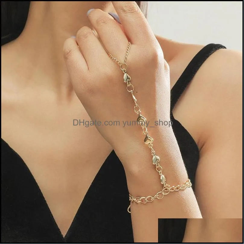 simple trendy ladies gold color metal heart pendants finger chain bracelets for women party jewelry accessories gifts