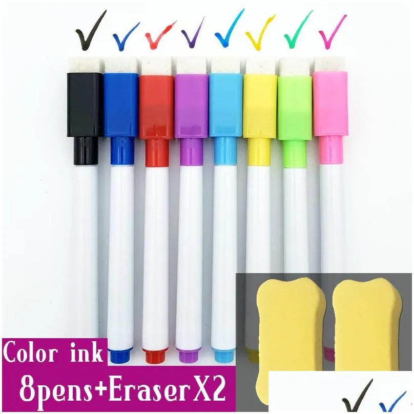 8 pcs/lot colorful black school classroom whiteboard dry white board markers built in eraser student childrens drawing pen