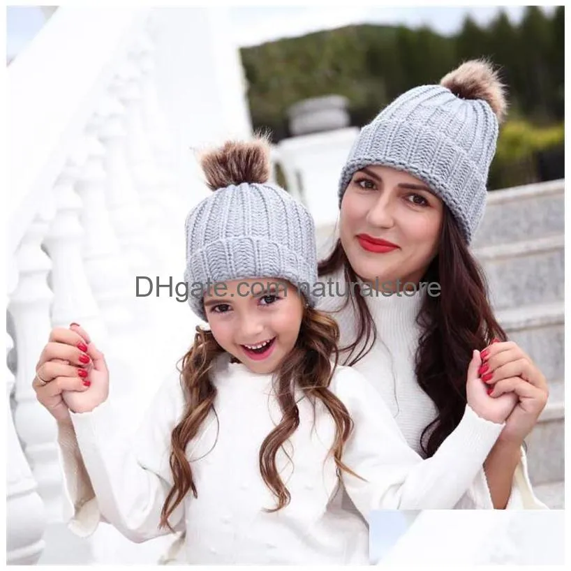 mother daughter matching hats 2pcs matching beanies parentchild winter warm crochet knitted beanie caps pom pom balls hat