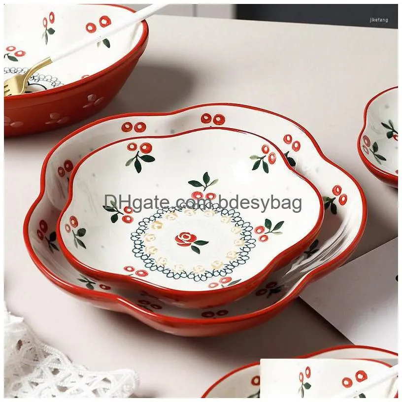 bowls retro cherry plate ceramic dish dinner salad fruit snack breakfast dessert bowl tableware soup